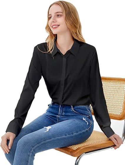 Women's Satin Blouse Fashion Long Sleeve Satin Silk Shirt Work Office Top Casual Shirt