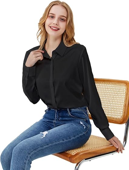 Women's Satin Blouse Fashion Long Sleeve Satin Silk Shirt Work Office Top Casual Shirt