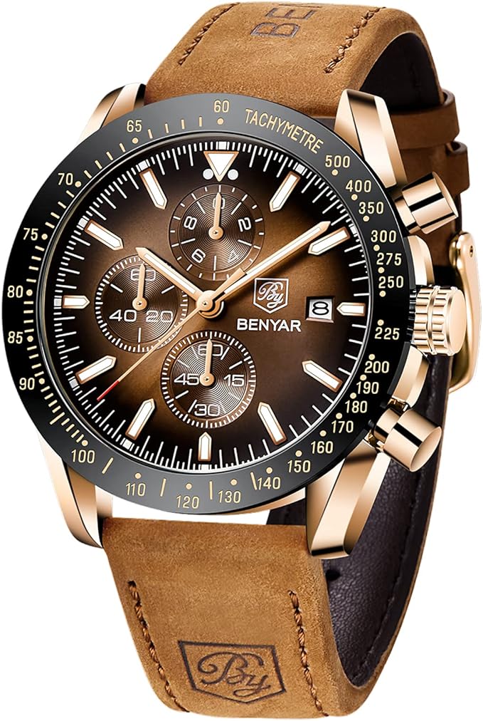 BY BENYAR Mens Watch 100M Waterproof Chronograph Date Watch for Men Brown Leather Strap Quartz Movement Analog Watch Business Casual Gift for Men