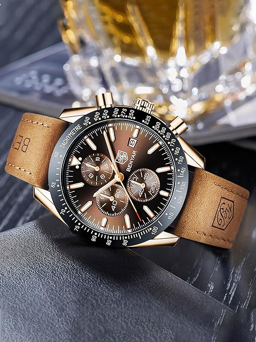 BY BENYAR Mens Watch 100M Waterproof Chronograph Date Watch for Men Brown Leather Strap Quartz Movement Analog Watch Business Casual Gift for Men