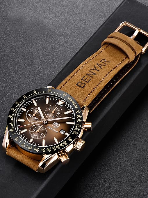 BY BENYAR Mens Watch 100M Waterproof Chronograph Date Watch for Men Brown Leather Strap Quartz Movement Analog Watch Business Casual Gift for Men
