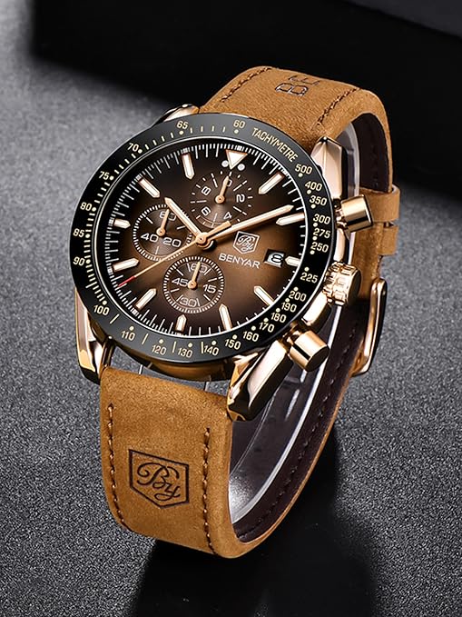 BY BENYAR Mens Watch 100M Waterproof Chronograph Date Watch for Men Brown Leather Strap Quartz Movement Analog Watch Business Casual Gift for Men