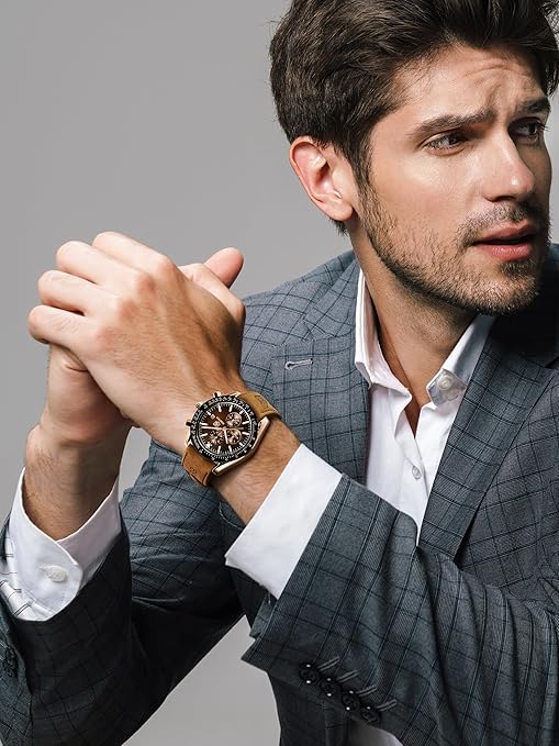 BY BENYAR Mens Watch 100M Waterproof Chronograph Date Watch for Men Brown Leather Strap Quartz Movement Analog Watch Business Casual Gift for Men