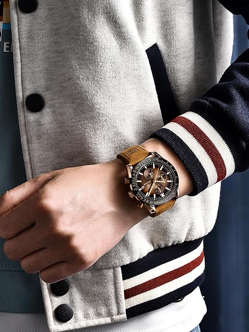 BY BENYAR Mens Watch 100M Waterproof Chronograph Date Watch for Men Brown Leather Strap Quartz Movement Analog Watch Business Casual Gift for Men